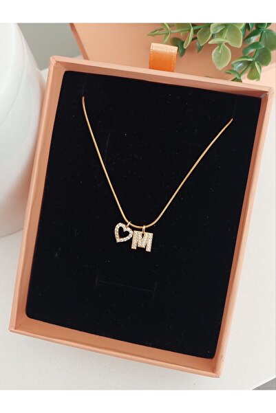 LUCKY ACCESSORIES Çelik Zirkon Taşlı Harf ve Kalp Kolye M Harfi