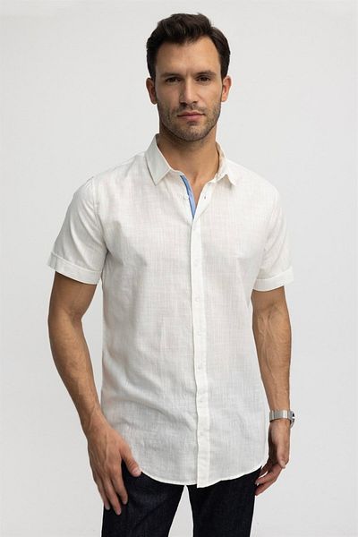 Tudors White Slim Fit Short Sleeve 100% Cotton Linen Shirt - Pocketed