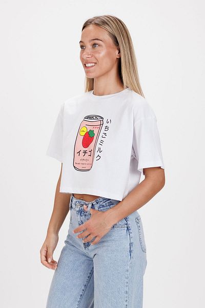 Ecrou Tricou crop alb - Cutie cu flori imprimate