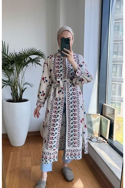 Lavanta Tekstil Floral Printed Hijab Kimono Dress Beige Linen