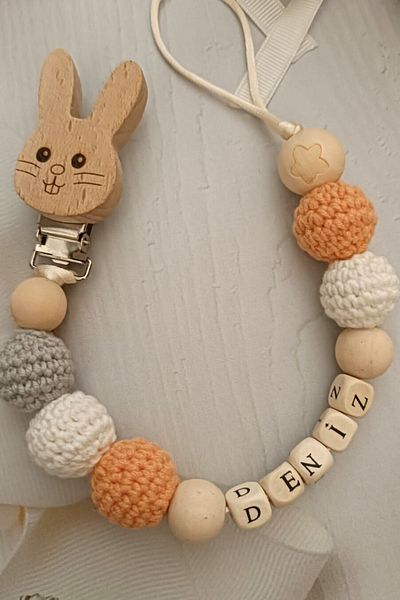 Anivex Hand Knitted Baby Booties, Teether and Named Pacifier Chain Wooden Amigurumi Pacifier Hanger Set
