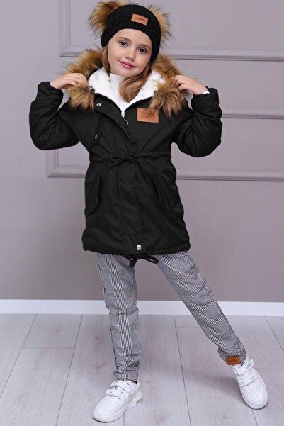 Riccotarz Дівчачий хутряний капюшон з кишенями, шнурками та чорним комплектом...