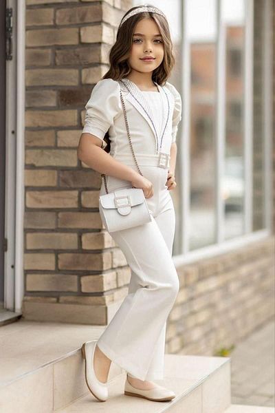 Riccotarz Girl's Stone Embroidered Collar Half Sleeve Belt Detailed White Jumpsuit with Bag