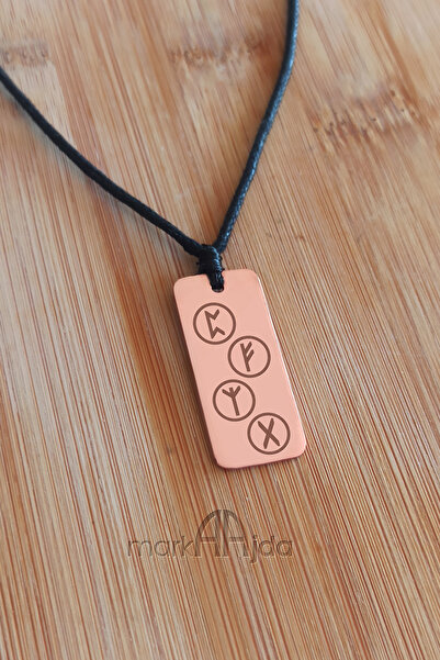 markajda Dört Rune Sembolü ve Sayı Sekansları Çift Taraflı Saf Bakır Kolye