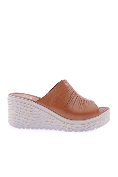 DGN Women's High Wedge Heeled Slippers - Gathered Genuine Leather, Tan 291143219