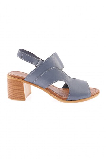 DGN 2150 Women's Laser Detailed Velcro Heeled Sandals Genuine Leather Jeans