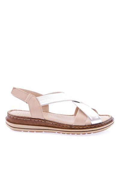 DGN Women's Cross Strap Velcro Sandals Beige Silver Genuine Leather 4113243