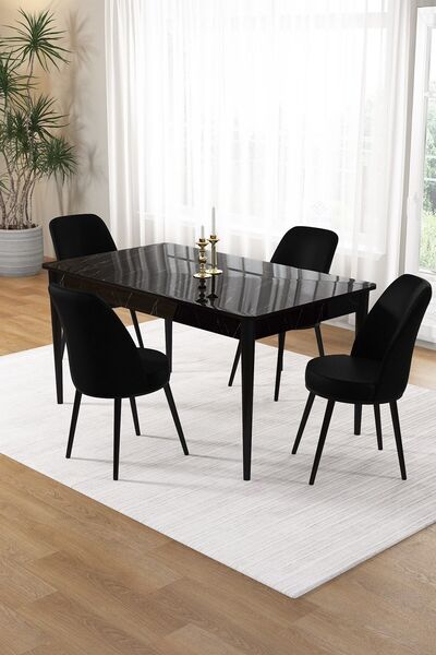 Canisa Pir Serisi, 80x130 Sabit Siyah Mermer Desen Mutfak Masası Ve 4 Siyah S...