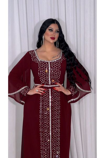 ZENABİYEM Zena Fashion - Stone Printed Belted Double Sleeve Evening Dress