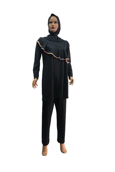 eflin Women's Clothing Large Size Black Valon Piping Full Covered Hijab Swimsuit Large Size