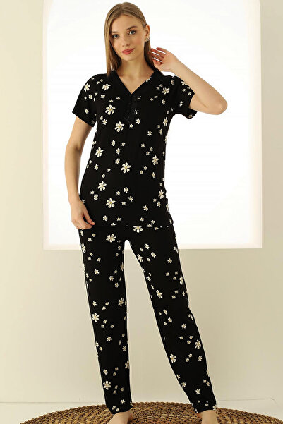 ALİMER طقم بيجامة ليكرا برقبة على شكل حرف V منقوشة باللون الأسود - زر مطوي، ك...