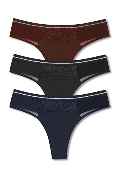 HNX 3-Piece Interlock Fabric Women's Thong Panties with Lace and Tulle Detail