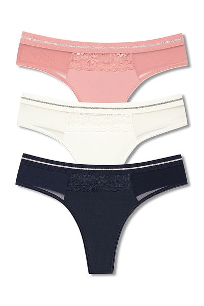 HNX 3-Piece Interlock Fabric Women's Thong Panties with Lace and Tulle Detail