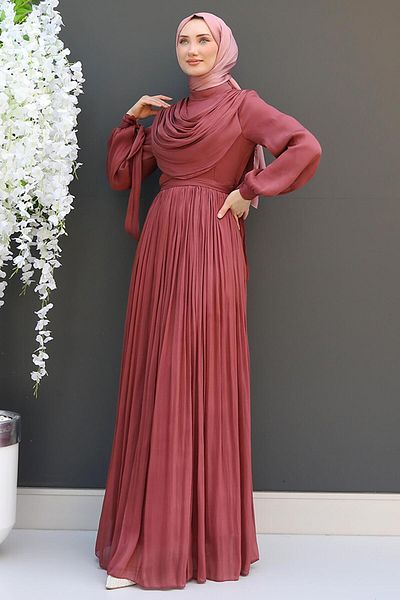 GİZ AGİYİM Dark Coral Colored Story Hijab Dress