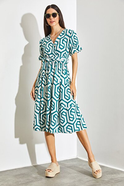 SHADE Kadın Kruvaze Yaka Beli Lastikli Kuşaklı Kloş Elbise