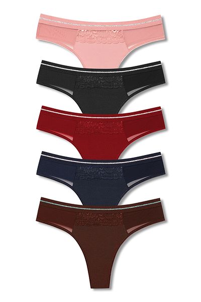 HNX 5-Piece Interlock Fabric Women's Thong Panties with Lace and Tulle Detail