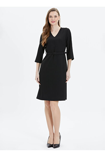 Selen V Yaka Düz Siyah Standart Kadın Elbise 24YSL7458