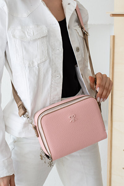 ImPolo Geantă de umăr și crossbody pentru femei - Beti PudraTabaPrint cu imprimare în relief, dimensiune 16x21