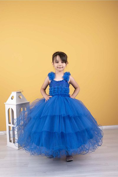 FR Shop F&r Shop Girl's Fluffy-scrawling Blue Evening Dress Wedding Dress Wedding Dress Flower Embroidered