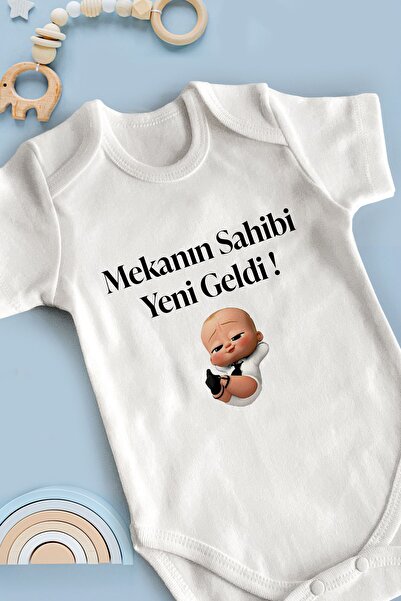 Homamia Mekanın Sahibi Yazılı Beyaz Kısa Kollu Bebek Body %100 Organik Pamuk