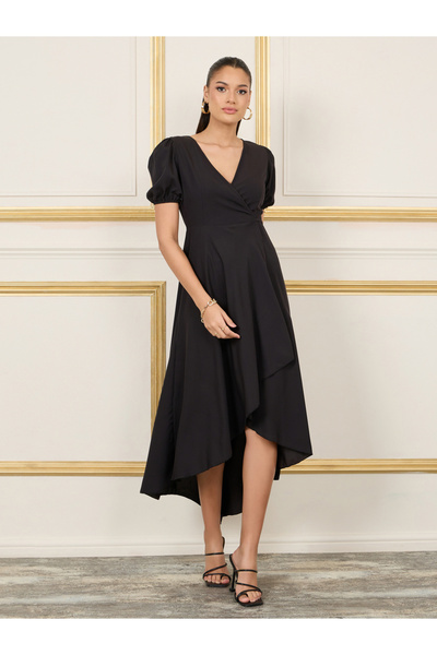 Styli فستان متوسط ​​الطول بأكمام منتفخة وبحواف غير متماثلة