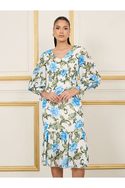 Styli Floral Print Smocked Detail Bodycon Midi Dress