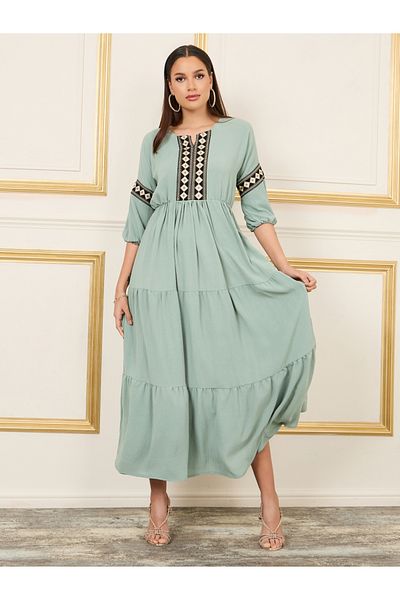 Styli Embroidered 3/4 Sleeves Tiered Maxi Dress