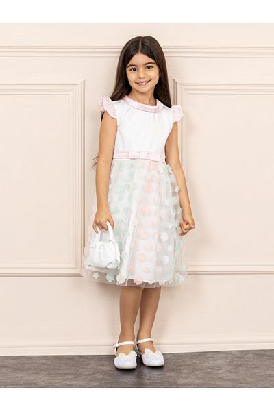 Styli Floral Applique Mesh Insert Satin Round Neck Bow Detail Dress
