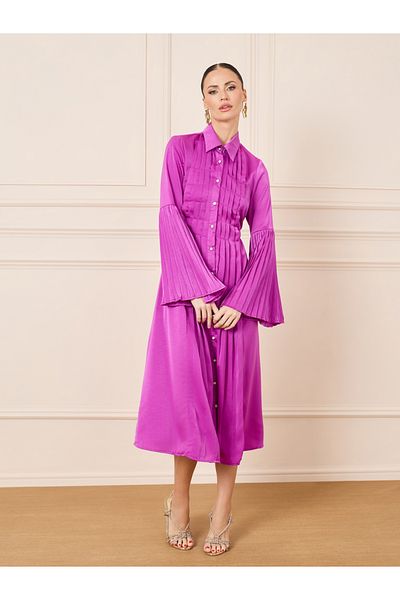 Styli Satin Pleated Detail Shirt Midi Dress