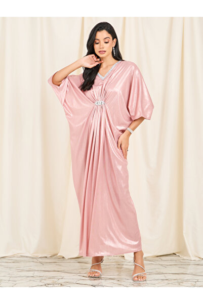 Styli Embellished Neck Ruched Detail Metallic Maxi Dress