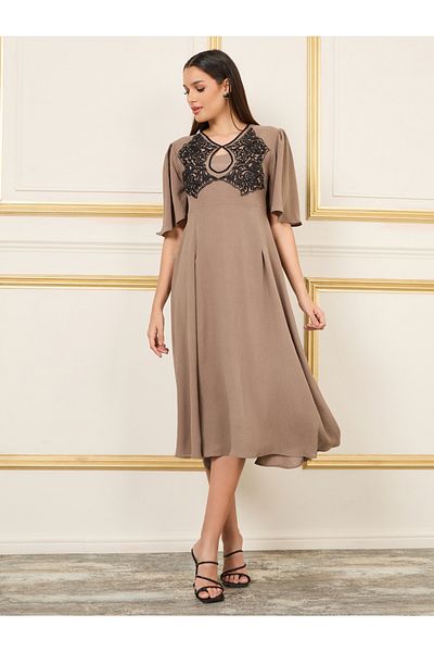 Styli Embroidered Keyhole Neck A-Line Midi Dress