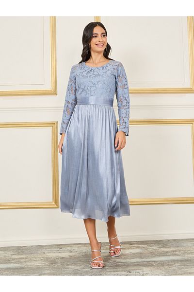 Styli Lace Detail Satin Plisse A-Line Midi Dress