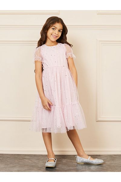 Styli Foil Print Mesh Layer Tiered Midi Dress