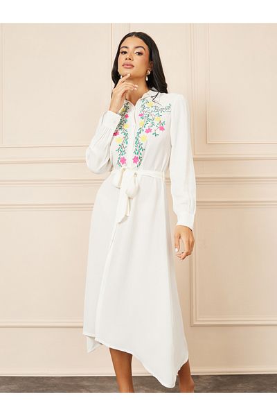 Styli Embroidered Self Tie Up Shirt Midi Dress