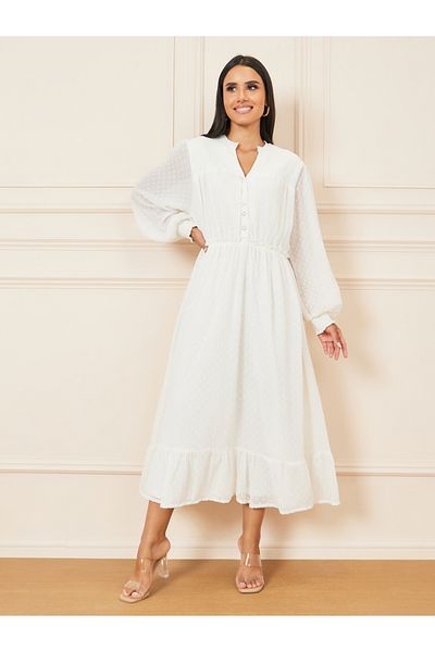 Styli Dobby Long Sleeves A-Line Midi Dress