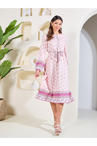 Styli Boho Print A-Line Midi Dress with Waist Tie Up