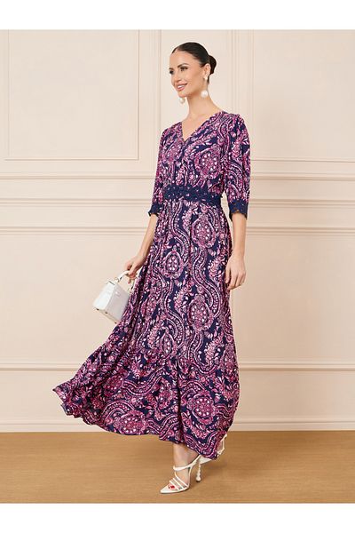 Styli Paisley Print Lace Detail A-Line Maxi Dress
