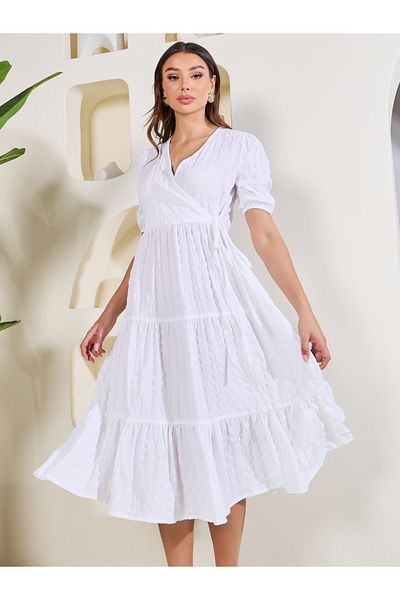 Styli Textured Tiered Wrap Midi Dress