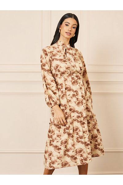 Styli Floral Print Tie Up Neck A-Line Midi Dress