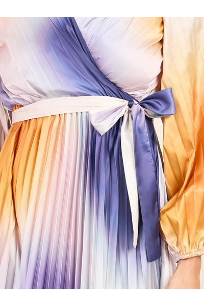 Styli Satin Tie and Dye Print Pleated A-Line Midi Dress with Self Tie Up