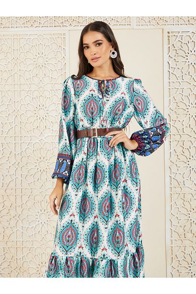 Styli Bohemian Print Belted A-Line Maxi Dress