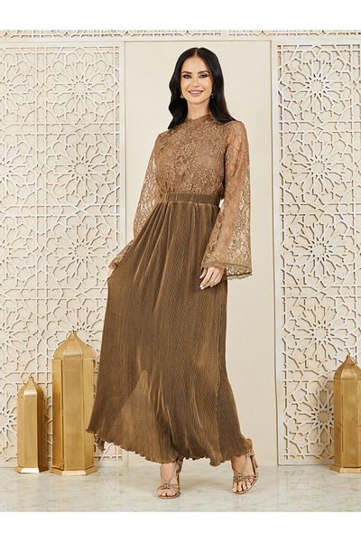 Styli Lace Detail High Neck Plisse Maxi Dress