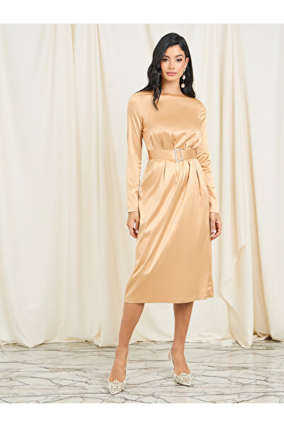 Styli Satin Embellished Buckle Belted Shift Midi Dress