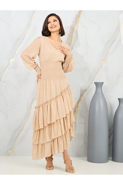 Styli طباعة رقائق معدنية Smocked الخصر كشكش التفاصيل فستان ميدي