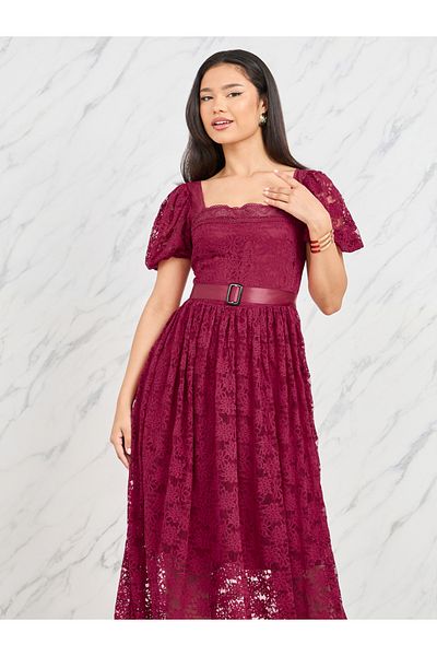 Styli Lace Detail Belted A-Line Maxi Dress