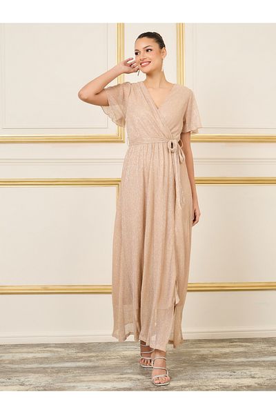 Styli Shiny Plisse A-Line Maxi Dress with Self Tie Up