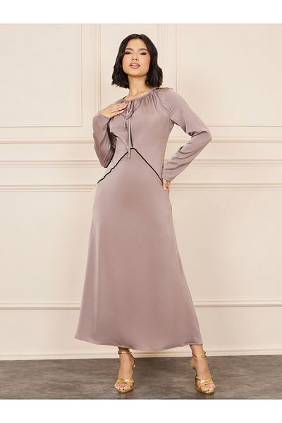 Styli Satin Shiny Lace Trim A-Line Maxi Dress
