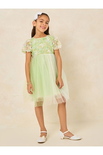 Styli Floral Applique Puff Sleeve Back Bow Mesh Dress