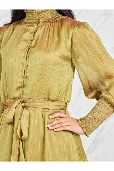 Styli Lurex Striped High Neck Smocked Detail Tiered Maxi Dress