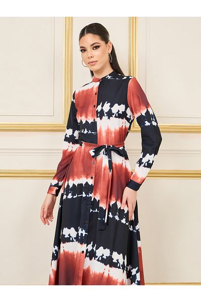 Styli Tie and Dye Print Handkerchief Hem Shirt Midi Dress